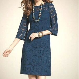 CHICO'S Camille Crochet Lace Dress Bell Sleeves Peacock Blue Teal